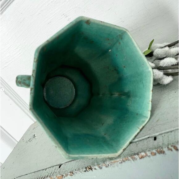 Vintage Rumrill 635 Vase Scrolls Green Teal Mottled Brown 1930s Art Deco Pottery - Picture 9 of 9